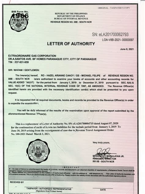 Letters of Authority from the BIR .